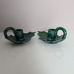 Vintage Christmas Ceramic Candle Holders – Holly Leaf Set of 2 with Finger Loops